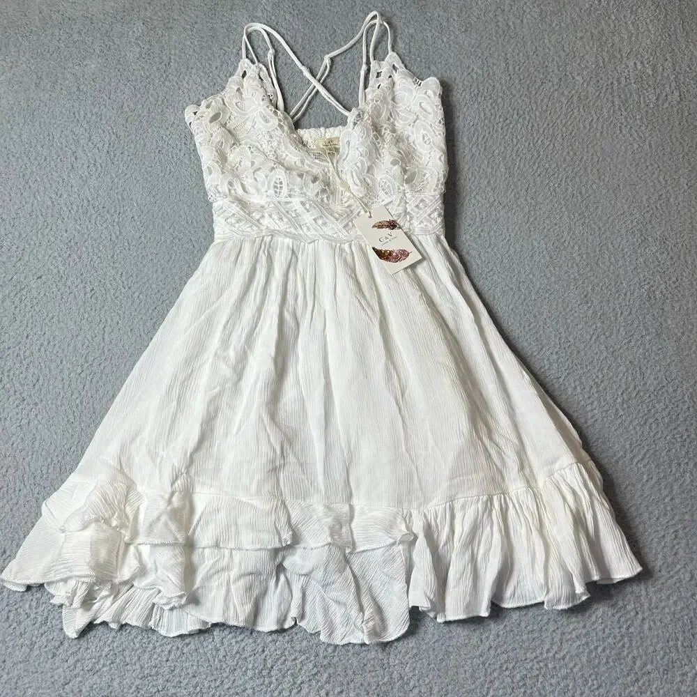 Chelsea & Violet Dress Womens Juniors S White Lace Bodice‎ Smocked Back Mini NEW